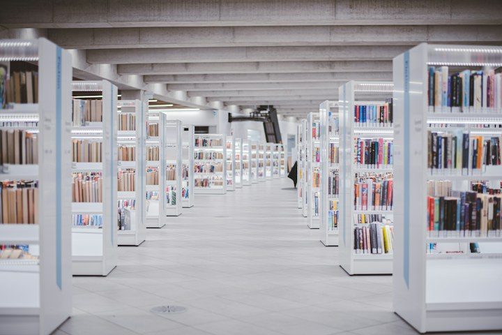 Bright aisles of library shelves